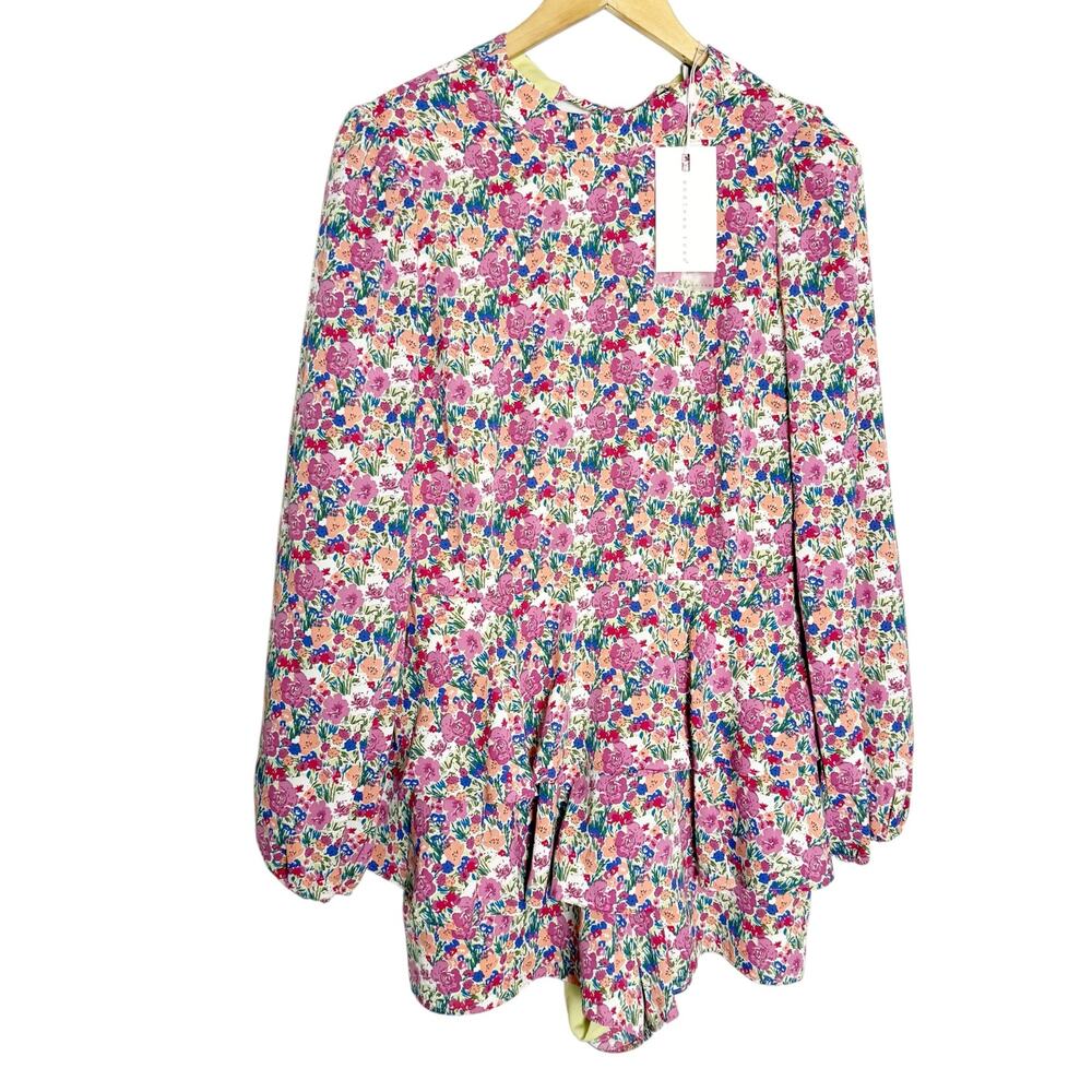 Endless Rose Garden Floral Print Ruffled Long Sleeve Open Back Tie Neck Romper S